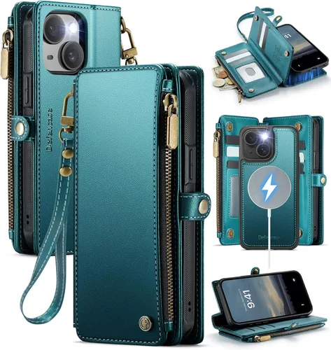 Miniatura 12 de Defencase Compatible con iPhone 15 Plus Funda Cartera con Tarjetero de Bloqueo RFID para Mujeres y Hombres, Cuero PU Cierre Magnético Plegable Rojo