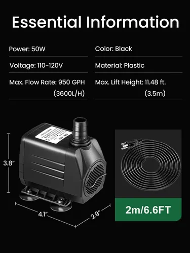 Miniatura 5 de GROWNEER Bomba sumergible de 950 GPH de 50 W, bomba de agua ultra silenciosa de 3600 l/h, con elevación de 9.8 pies, 4 boquillas para acuario