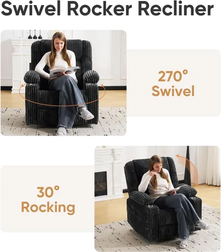 Miniatura 7 de Silla reclinable eléctrica de gran tamaño con masaje y calor, silla reclinable giratoria para adultos con almacenamiento de brazos, sillón Gris