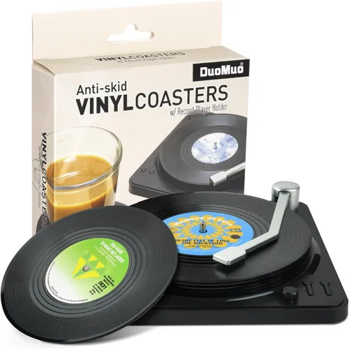 Divertidos posavasos retro para bebidas con soporte para reproductor de vinilo, juego de 6 posavasos de elefante blanco para amantes de la música,