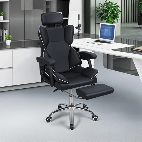 Miniatura 6 de Silla de oficina de escritorio, silla de computadora de piel sintética grande y alta, ejecutiva con reposapiés, reposacabezas y soporte lumbar