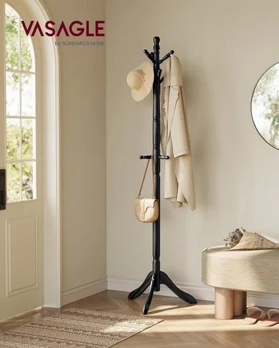 Miniatura 2 de VASAGLE Perchero de madera maciza y soporte, árbol de pasillo independiente con 10 ganchos para sombreros, bolsos, carteras, para entrada, pasillo