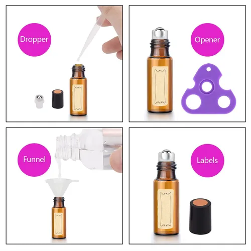 Miniatura 6 de Easytle Botellas enrollables de aceite esencial, paquete de 24 botellas de vidrio ámbar de 0.2 fl oz para aceites esenciales, botella enrollable