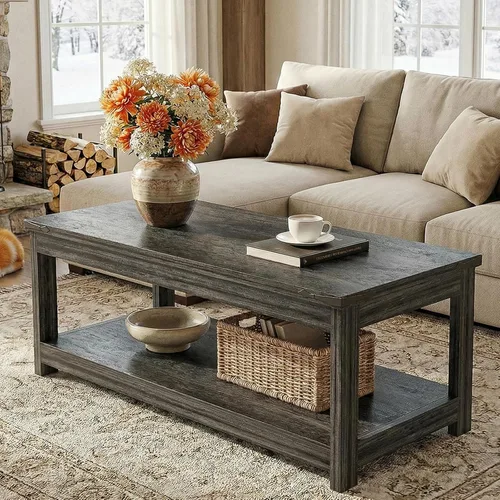 Miniatura 7 de Homieasy Mesa auxiliar rectangular de 43.3 pulgadas con estante de almacenamiento, mesa central de madera de granja para sala de estar, moderna mesa