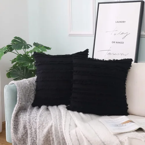 Miniatura 12 de GYROHOME Paquete de 2 fundas de almohada de algodón y lino, fundas de cojín decorativas, diseño de borlas, fundas de cojín modernas con flecos