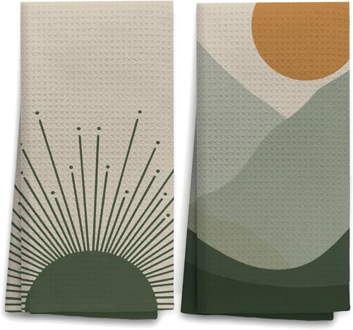 Miniatura 10 de OHSUL Juego de 2 paños de cocina abstractos bohemios con diseño de sol y luna, verde salvia, montaña verde salvia, altamente absorbentes, toallas