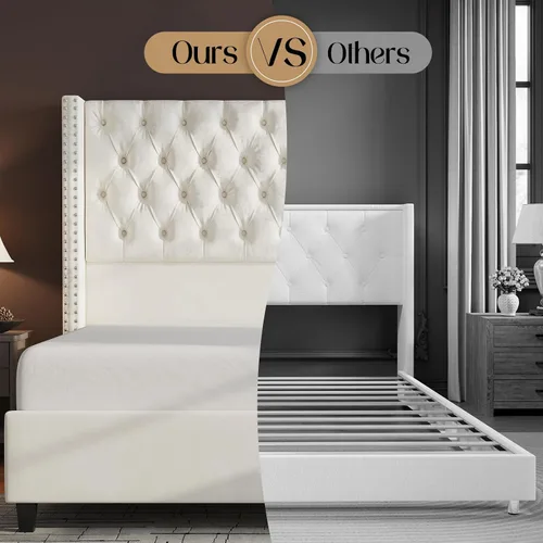 Miniatura 6 de Jocisland Base de cama tamaño Queen con cabecera de terciopelo acolchado con respaldo alado de 51.6" pulgadas, cama de plataforma tapizada moderna