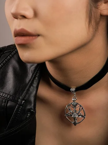 Miniatura 4 de Sacina Gargantilla gótica de baphomet, gargantilla de calavera de pentagrama negro, collar gótico, gargantilla gótica, gargantilla gótica