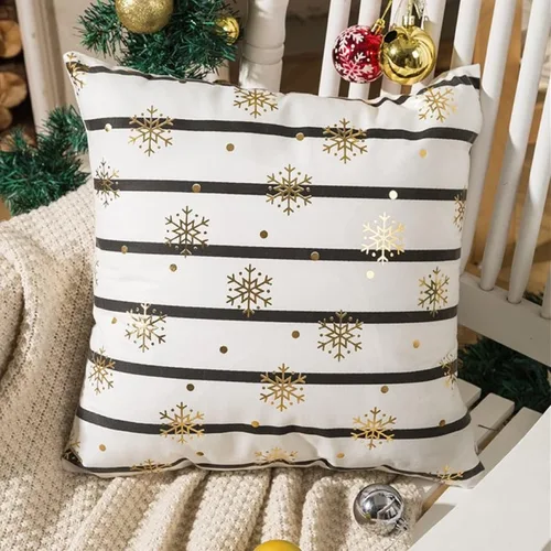 Miniatura 3 de Juego de 4 fundas de almohada de Navidad de 18 x 18 pulgadas, fundas de almohada doradas con estampado de copos de nieve a rayas, fundas de cojín