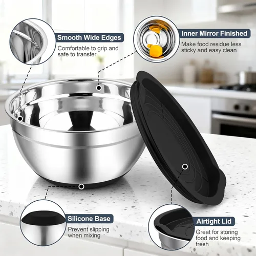 Miniatura 3 de TeamFar Tazones para mezclar, cuencos negros con tapas, tazón de ensalada anidable de acero inoxidable con tapa hermética y parte inferior