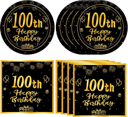 Decoraciones de cumpleaños número 100 para mujeres y hombres, color negro y dorado, vintage, 1925, envejecido a la perfección, juego de vajilla de