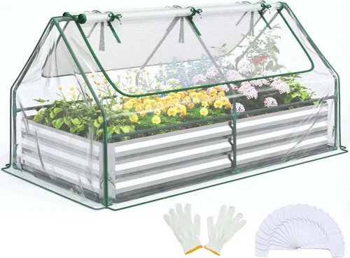 Quictent juego de cama de cultivo elevada y galvanizada con cubierta de metal, con 2 ventanas, pequeño invernadero, con 20 etiquetas y guantes, para