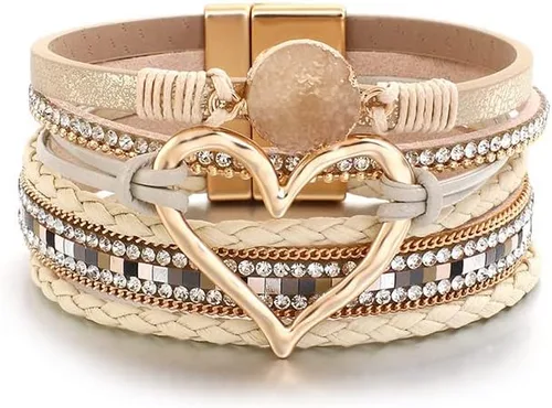 Miniatura 2 de Caiyao Pulsera de cuero para mujer, pulsera de cuentas con decoración en forma de corazón, pulsera de cristal bohemio con cierre magnético, pulsera