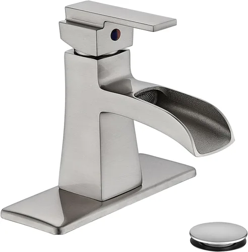 Grifo de baño de cascada de níquel cepillado, grifo de lavabo de baño de una sola manija con desagüe pop-up y placa de cubierta para 1 o 3 orificios