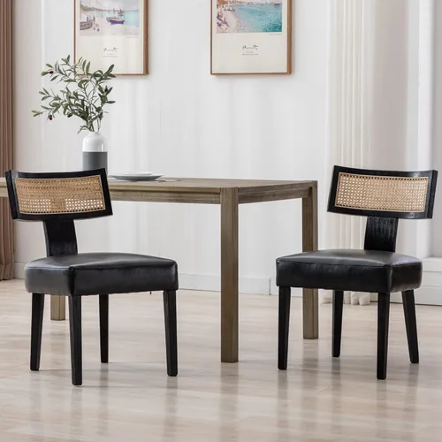 Miniatura 15 de BESTANO Juego de 2 sillas de comedor de ratán, modernas sillas de comedor de madera negra de mediados de siglo, sillas de comedor tapizadas de tela