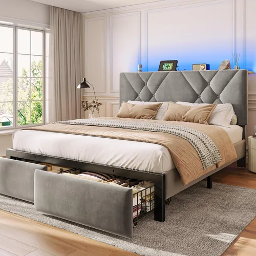 Miniatura 12 de EnHomee Marco de Cama Queen con 2 Cajones, Cabecera Tapizada con Estación de Carga, Marco de Cama de Terciopelo Acolchado y Luces LED, No Necesita