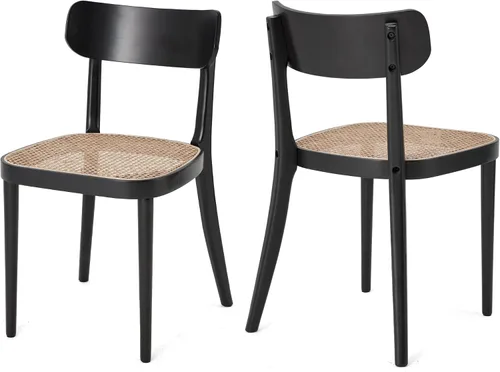 AVAWING Juego de 2 sillas de comedor de madera negra, sillas de comedor de granja con asiento de caña y respaldo curvado para cocina y comedor