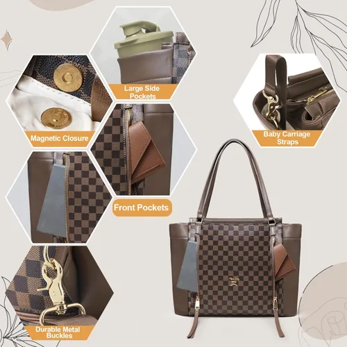 Miniatura 4 de Miss Fong Bolso de pañales de cuero con diseño a cuadros, mochila de gran capacidad para mamá, bolso hospitalario, con 12 bolsillos, bolso de viaje