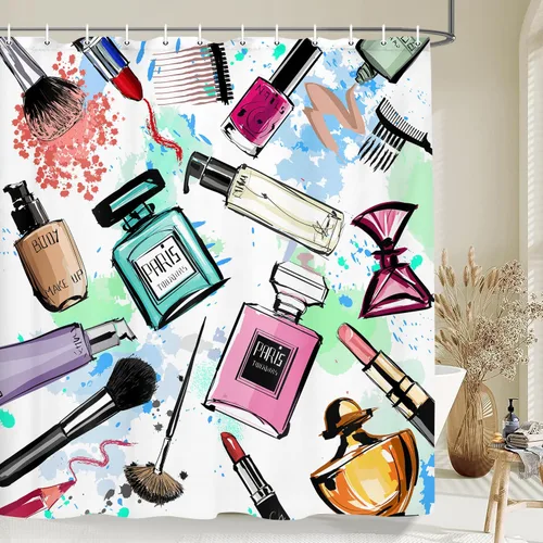 Miniatura 5 de JAWO Cortinas de ducha cosméticas para mujer y niña, elegante perfume de acuarela y lápiz labial, juego de cortinas de baño de tela con ganchos, Azul