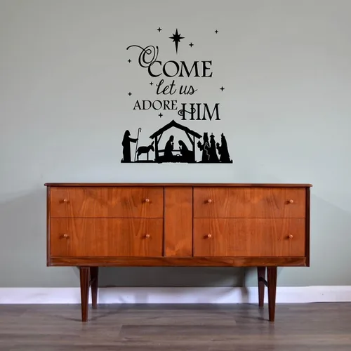 Miniatura 2 de Vinilo adhesivo de pared con texto en inglés "Come Let Us Adore Him with Nativity", para sala de estar, dormitorio, Navidad, versículo bíblico, Negro