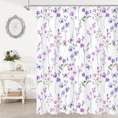 Miniatura 26 de Litabel Cortina de ducha con diseño floral de acuarela, cortina de ducha de flores de mariposa azul para baño, juego de cortina de ducha moderna