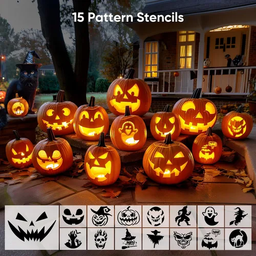 Miniatura 4 de Kit de tallado de calabaza de 31 piezas: herramientas de tallado de calabaza, kit de tallado de calabaza de Halloween con plantillas, velas, estuche
