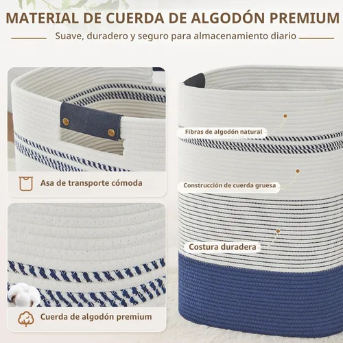 Miniatura 4 de AINUOQI Cesta de lavandería grande – Cesta alta de cuerda tejida con asas de cuero – Cesta de ropa sucia para sala de estar, dormitorio, 17.8 x 13.8
