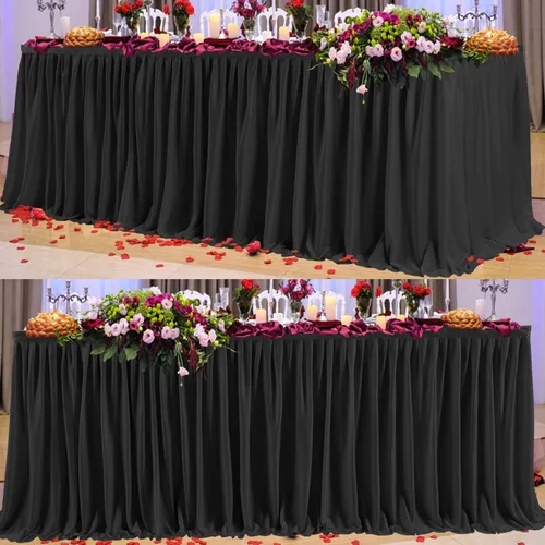 Miniatura 9 de PARTISKY Falda rectangular de poliéster negro, 6 x 72 pulgadas, resistente a las arrugas, con volantes plisados, perfecta para banquetes, bodas