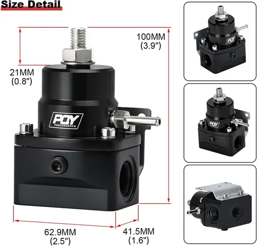 Miniatura 5 de Kit regulador de presión de combustible ajustable PQY 3-70 PSI con puerto de alimentación AN8 y puerto de retorno AN6 (negro)