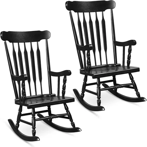 Miniatura 16 de Tangkula Silla mecedora de patio de madera de goma sólida, silla mecedora de porche exterior con marco de madera de goma, silla mecedora de madera