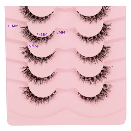 Miniatura 3 de Paquete de pestañas postizas cortas y naturales, pestañas onduladas estilo ojo de gato, banda transparente, tiras suaves, pestañas falsas, 7 pares