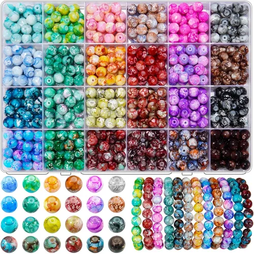 Miniatura 12 de Cuentas de vidrio que brillan en la oscuridad para hacer joyas, 600 cuentas de 0.315 pulgadas con 24 rejillas de piedras preciosas de cristal, 24
