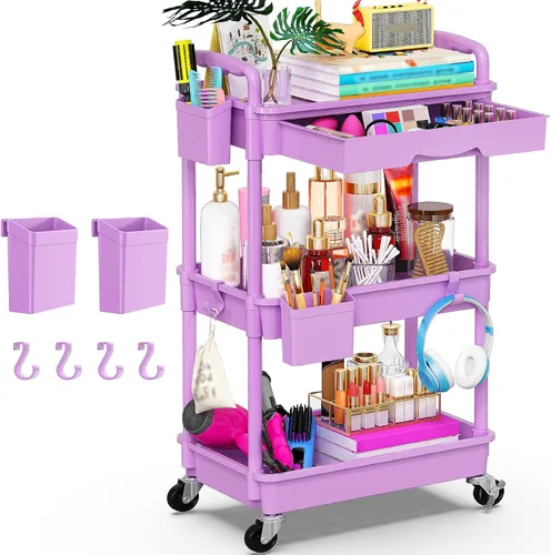 Miniatura 12 de Goovilla Organizador de carrito utilitario de 3 niveles con cajón extraíble, carritos de almacenamiento rodantes negros estables y resistentes con 2