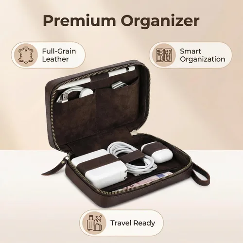 Miniatura 2 de Acidea Caja de almacenamiento de accesorios electrónicos de cuero de grano completo, bolsa organizadora de cables de viaje, estuche enrollable