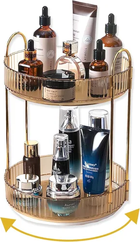 Asayuee Organizador de maquillaje giratorio de 360 grados en oro, organizador de maquillaje giratorio de gran capacidad de 2 niveles, organizador de