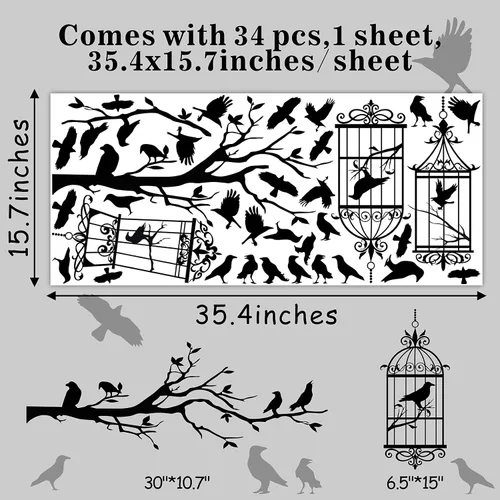 Miniatura 5 de Calcomanías de pared de ramas de árbol de Halloween, cuervo negro, pájaro, pájaro, pelar y pegar, calcomanías de cuervo para jaula de pájaro, Jaula