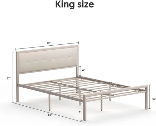 Miniatura 3 de Nazhura Base de cama con plataforma de acero estable con cabecero/estribo de tela (marco de color champán) (tamaño King)