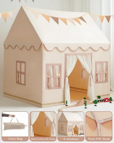 Miniatura 4 de Tienda de campaña grande para niños con luces de estrellas, banderas y bolsas de mano, tienda de campaña para niños en interiores y exteriores, Crema