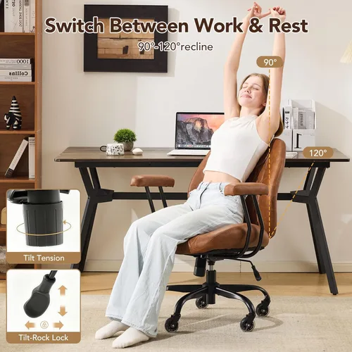 Miniatura 3 de YFO Silla de Oficina para Hogar y Escritorio, Silla de Oficina con Ruedas de Goma, Silla de Computadora Ergonómica con Soporte Lumbar, Altura Marrón