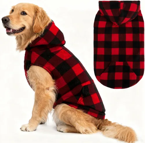 Miniatura 18 de EXPAWLORER - Sudadera de forro polar con capucha para perros, chaleco de suéter a cuadros para mascotas, ropa de otoño e invierno con anillo