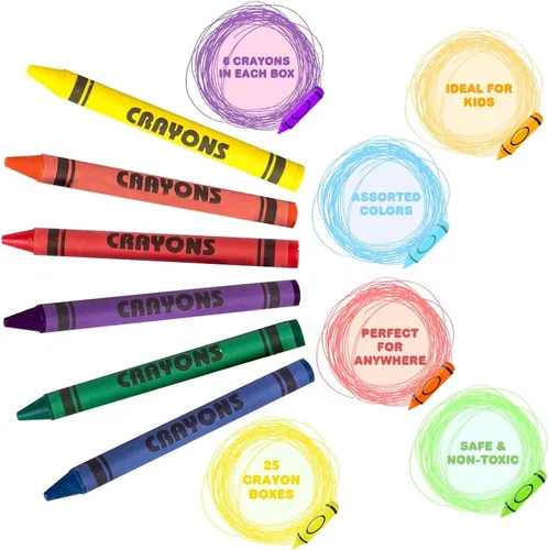 Miniatura 5 de ArtCreativity Paquetes de crayones a granel, 25 juegos de 6 paquetes, total 150 crayones a granel, paquetes individuales no tóxicos para niños