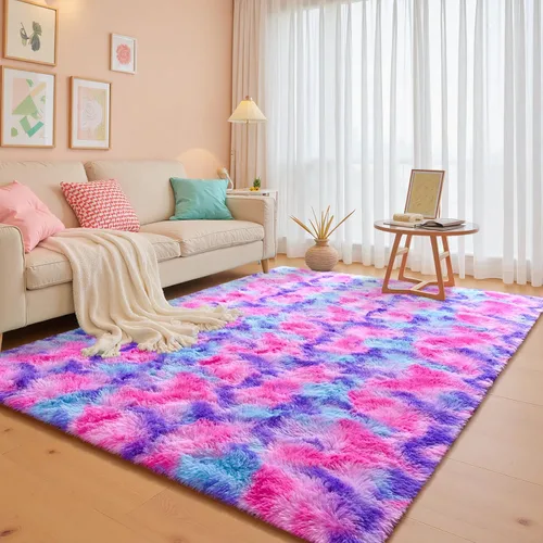 Miniatura 27 de JUNOVO - Alfombra de área lavable, antideslizante, alfombras ultra suaves de 4 x 5.3 pies, alfombras esponjosas para dormitorio, niños, niñas, Azul