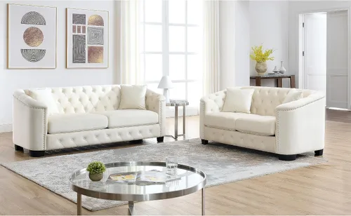 Miniatura 13 de Juego de 2 sofás modernos de terciopelo Chesterfield de 77" para 3 plazas + 59" loveseat, tapizados con respaldos capitoné con brazos de tachuelas