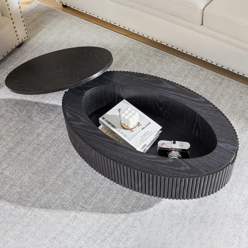 Miniatura 5 de Janmer Home Mesa de Centro Ovalada con Almacenamiento Oculto, Mesa de Centro Moderna de 31.5 Pulgadas de Ancho, Mesa Central con Chapa Acanalada