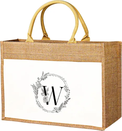 Miniatura 11 de JUSTOTRY Bolsa de mano con inicial, yute natural, grande, 13 onzas, personalizada, bolsa de lona con monograma, regalo para mujer