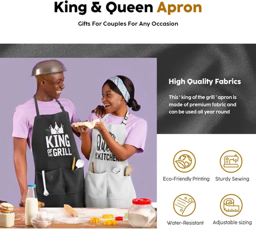 Miniatura 2 de Juego de delantales King & Queen, delantales de cocina a juego para parejas con bolsillos profundos y costuras reforzadas, equipo de cocina