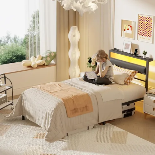 Miniatura 4 de OURPIC Marco de cama individual para niños, marco de cama de plataforma de metal tamaño individual con estación de carga y luces LED, cabecera Negro