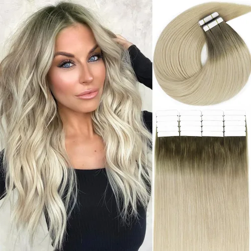 Miniatura 16 de Lacer Extensiones de cabello humano con cinta, cabello humano castaño mezclado con marrón oscuro con raíces de color marrón oscuro, invisible