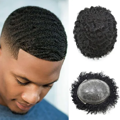 NP Afro Toupee para hombres negros, sistemas de cabello humano rizado afroamericano unidades de cabello para hombres negros, extensiones de pelo