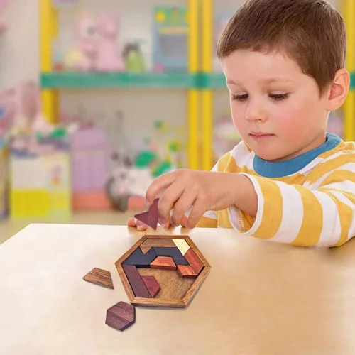 Miniatura 3 de KINGOU Rompecabezas de madera hexagonal Tangram para niños y adultos, rompecabezas de madera para niños y adultos, juegos de rompecabezas
